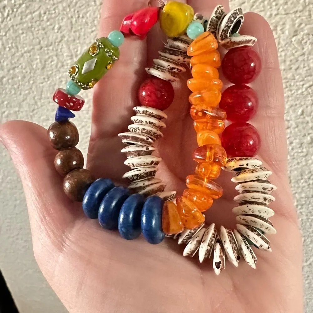 Boho Wooden beaded bracelet with glass beads accents looks like amber bracele…